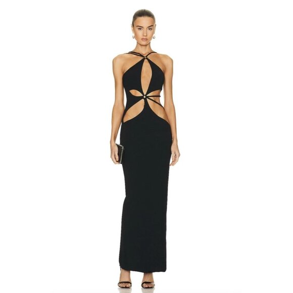 PatBO Asterisk Maxi Dress Black Sexy Cut Out Detail Resort 4 Stretch Knit NY Eve - Picture 1 of 10
